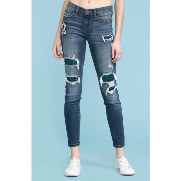 Judy Blue Skinny Fit Jeans Plaid Patch Distressed Denim Blue Women's 15 32 - Picture 1 of 14